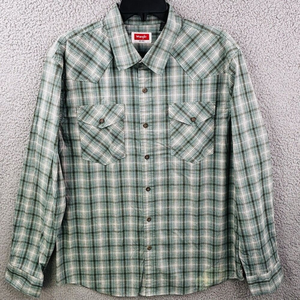 Wrangler Western Shirt Mens Large Green Plaid Button Cowboy Rodeo Rancher